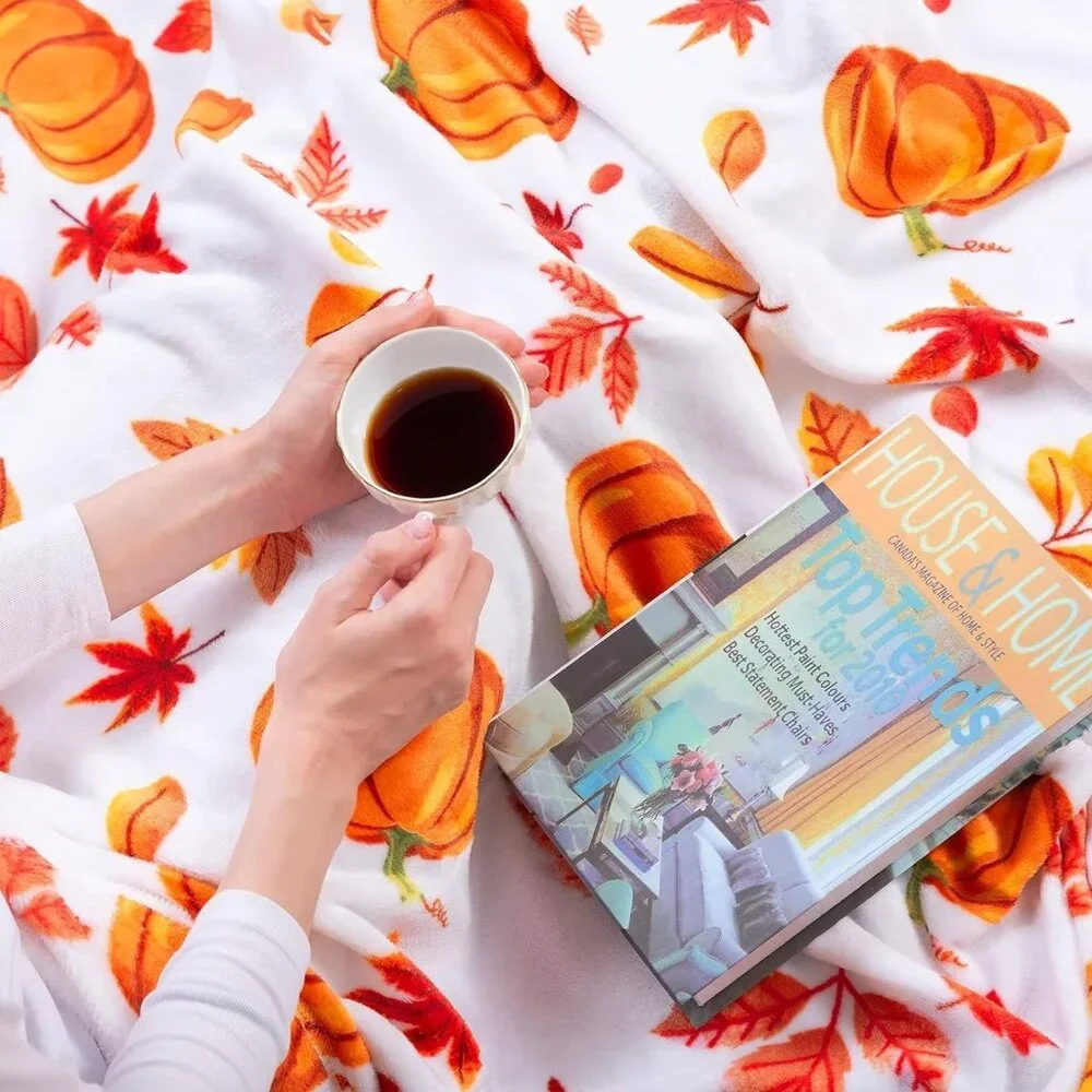 Fall Throw Blanket - Halloween Pumpkin Plush, Fuzzy Orange‎ Leaf, 50'' x 60